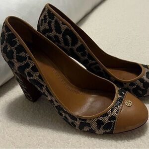 Tory Burch Black and Tan Leopard Heels